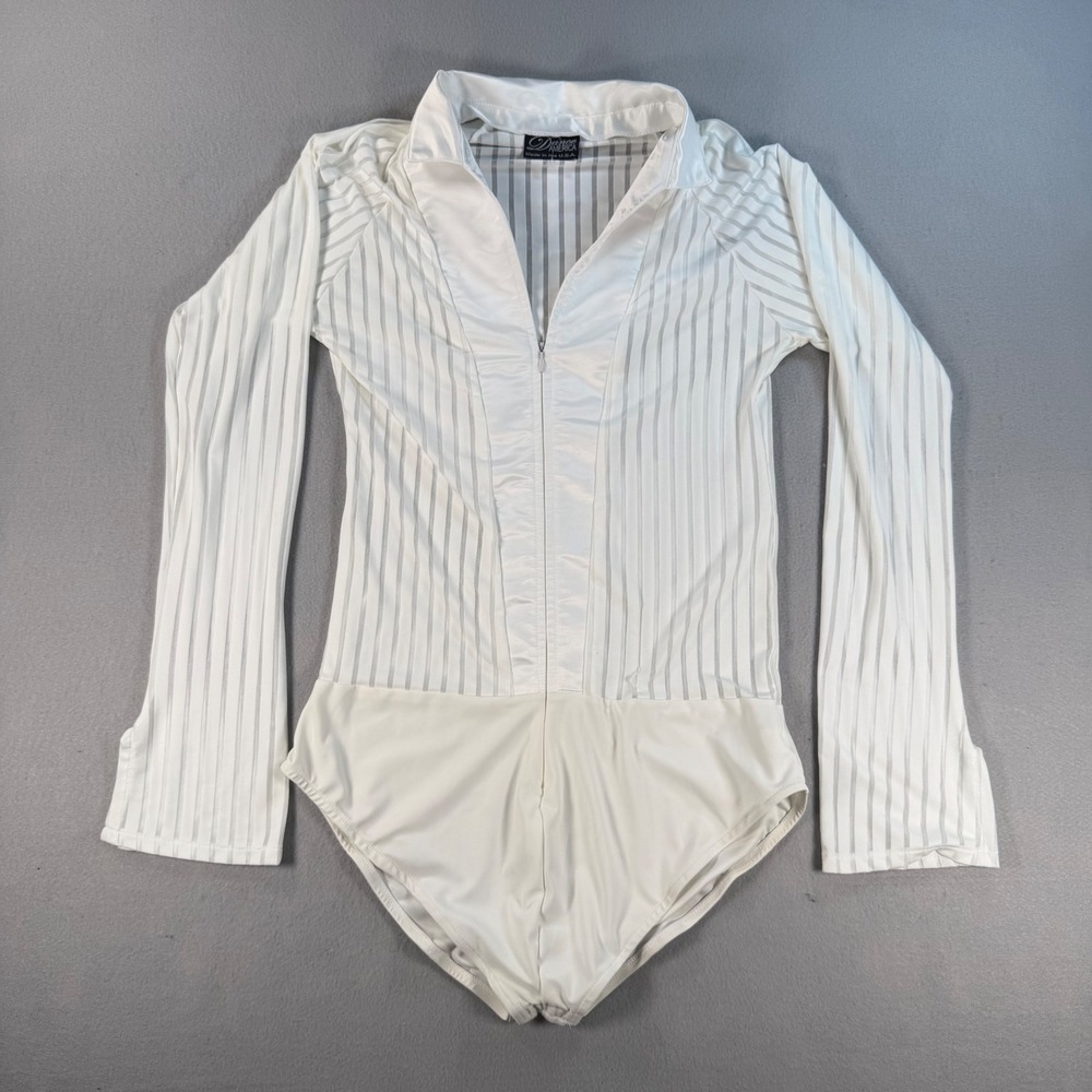 Dance America Womens White Striped Sheer L Zip Front Bodysuit Long Sleeve USA